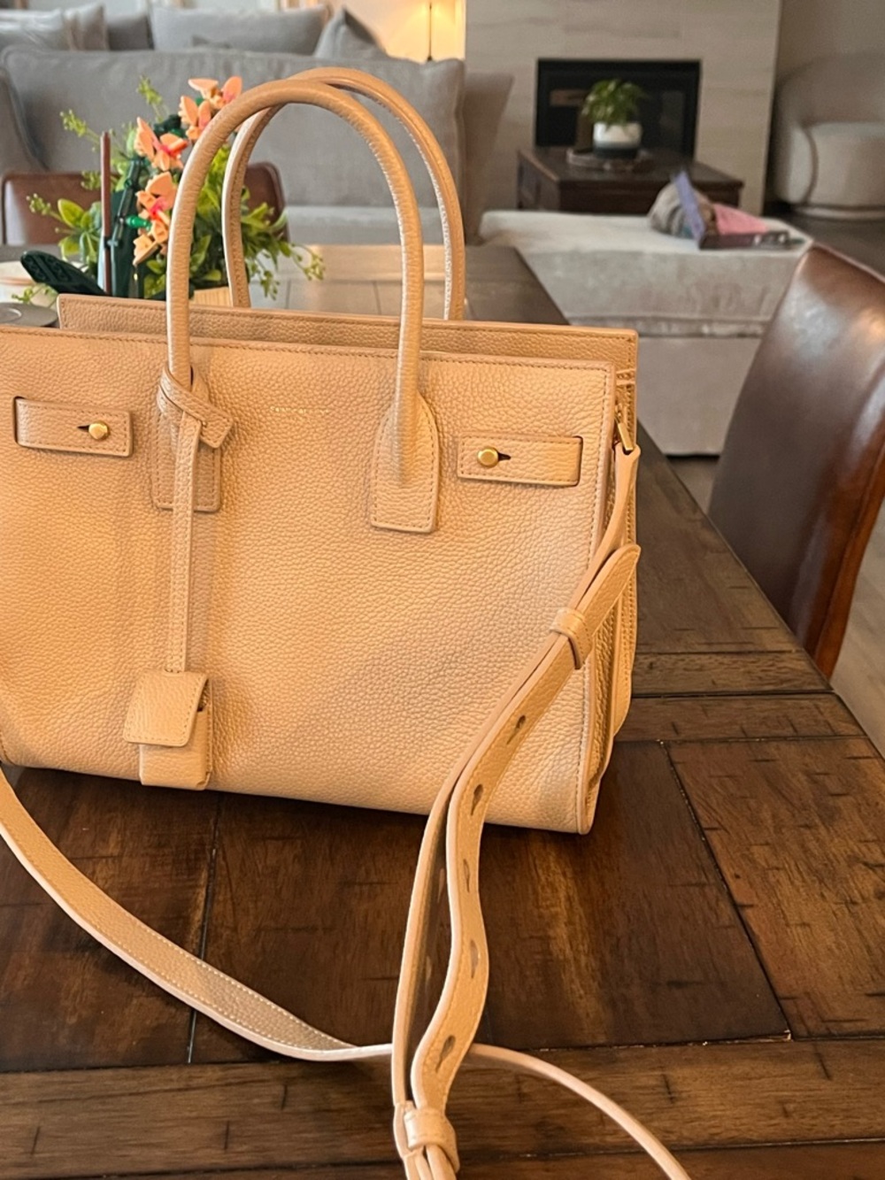 Saint Laurent Pebbled Leather Satchel in Light Tan